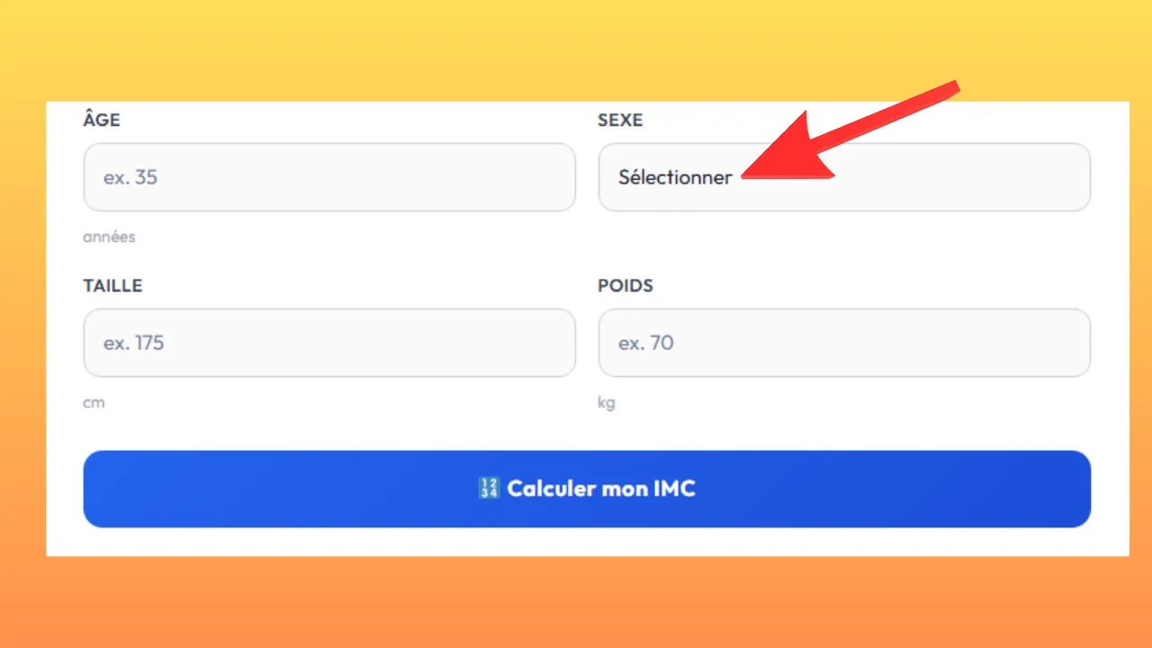 Sélection du genre dans un calculateur IMC avec les options Homme et Femme
