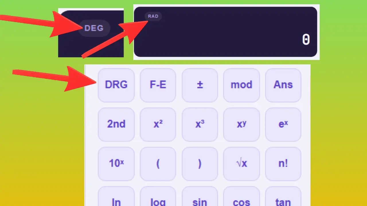 Sélecteur DEG RAD GRAD indiquant l'unité d'angle active sur l'écran de la calculatrice