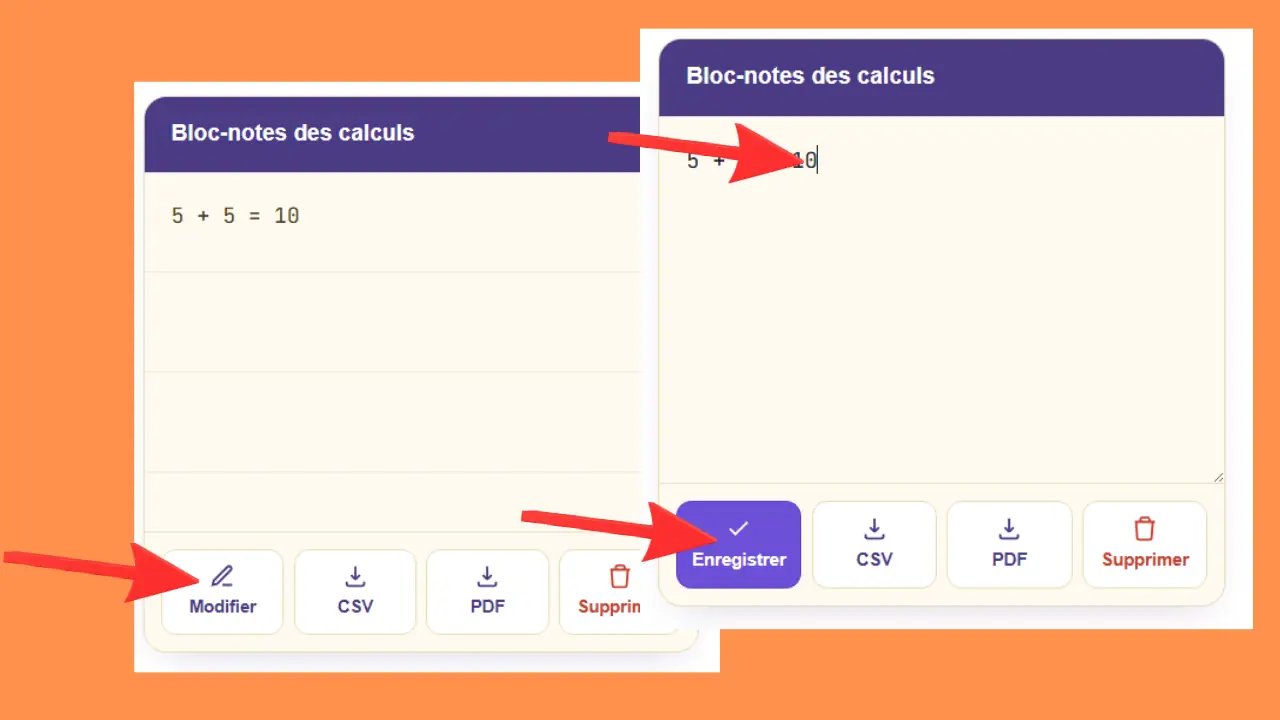 Bouton Modifier pour écrire librement dans le bloc-notes des calculs