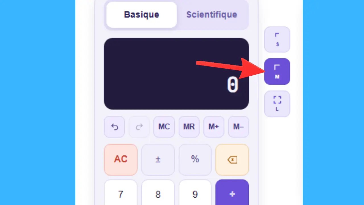 Bouton M pour afficher la calculatrice en taille moyenne, sélectionné par défaut