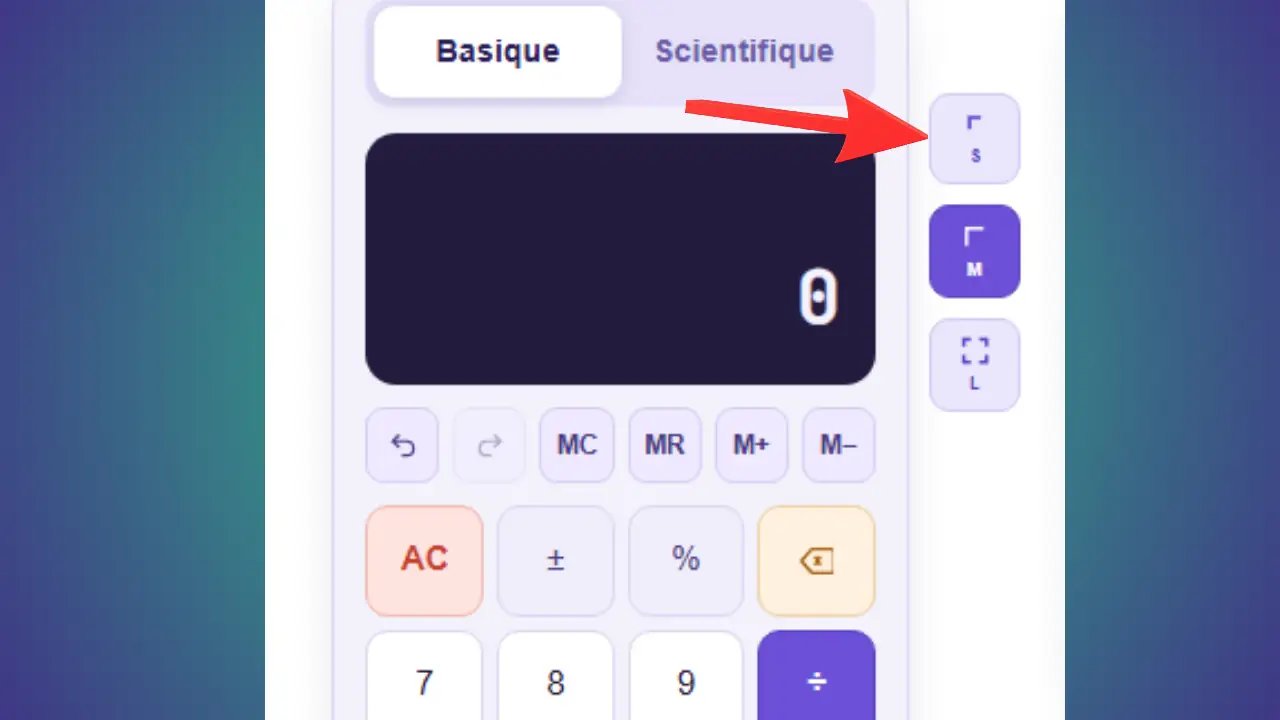 Bouton S pour réduire la taille de la calculatrice et du bloc-notes